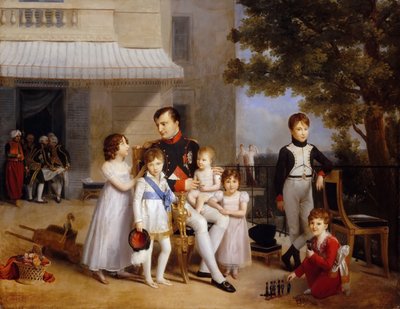 El Emperador Napoleón I en la terraza del Château Saint-Cloud rodeado de sus hijos de Louis Ducis