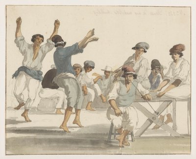 Dansende maltezer matrozen
Danza de nuestros marineros malteses (título en el objeto)
Voyage en Italie, en Sicile et à Malte - 1778 (título de la serie) de Louis Ducros