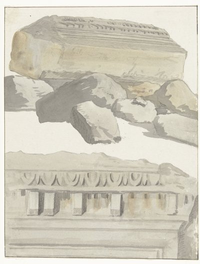 Dos piezas de un edificio del antiguo templo de la antigua ciudad de Manduria
Vista de un trozo del arquitrabe del antiguo templo en la antigua ciudad de Manduria
Viaje a Italia, Sicilia y Malta - 1778 (título de la serie) de Louis Ducros