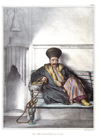 Un logoteta griego de Livadia en "Viaje a Atenas y Constantinopla, o colección de retratos griegos y otomanos, vistas y trajes, pintados en lugares de la naturaleza, litografías y colores por Louis Dupre (1789-1837), alumno de David. 1825" de Louis Dupré