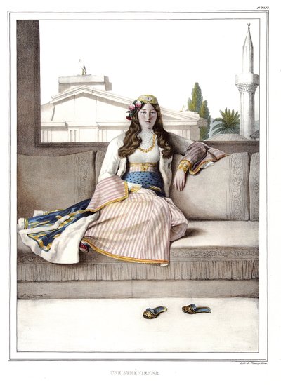 Un ateniense. en “Viaje a Atenas y Constantinopla, o colección de retratos, vistas y trajes griegos y otomanos, pintados en lugares por la naturaleza, litografiados y coloreados por Louis Dupre (1789-1837), alumno de David.1825. de Louis Dupré