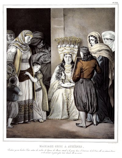 Boda griega en Atenas. Mientras un barbero griego completa el tocado de la novia, ella espera en la puerta del patio, rodeada de amigos y curiosos, un joven griego sostiene un espejo frente a ella. en “Viaje a Atenas y Constantinopla, o de Louis Dupré