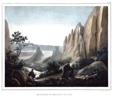 Los meteoros de Tesalia y el Pindo (paisaje de acantilados y rocas) en "Viaje a Atenas y Constantinopla, o colección de retratos griegos y otomanos, vistas y trajes, pintados en lugares de la naturaleza, litografías y colores por Louis Dupre" de Louis Dupré