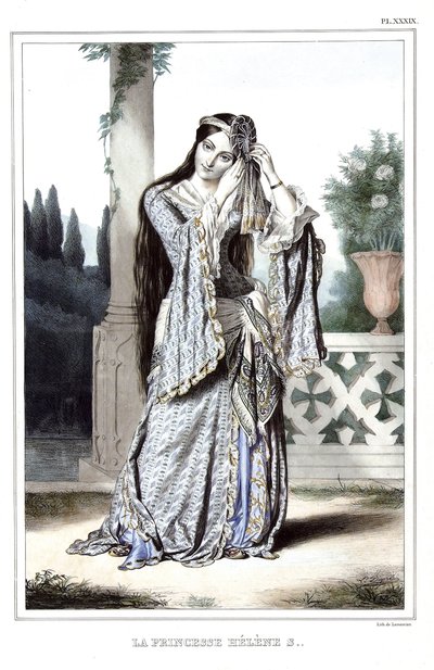 Princesa Helene Soutzo. en “Viaje a Atenas y Constantinopla, o colección de retratos, vistas y trajes griegos y otomanos, pintados en lugares por la naturaleza, litografiados y coloreados por Louis Dupre (1789-1837), alumno de David.1825. de Louis Dupré