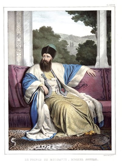 El Príncipe de Moldavia, Michael Soutzo (1729-1830). en “Viaje a Atenas y Constantinopla, o colección de retratos, vistas y trajes griegos y otomanos, pintados en lugares por la naturaleza, litografiados y coloreados por Louis Dupre (1789-1837), alumno de  de Louis Dupré