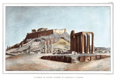 El Templo de Zeus Olímpico y la Acrópolis de Atenas en "Viaje a Atenas y Constantinopla, o colección de retratos griegos y otomanos, vistas y trajes, pintados en lugares de la naturaleza, litografías y colores por Louis Dupre (1789-1837), alumno de David" de Louis Dupré