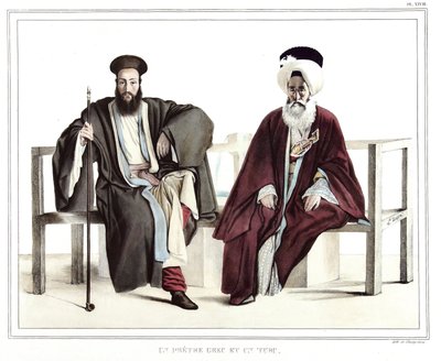 Un sacerdote griego y un turco. en “Viaje a Atenas y Constantinopla, o colección de retratos griegos y otomanos, vistas y trajes, pintados en lugares después de la naturaleza, litografiados y coloreados por Louis Dupre (1789-1837), alumno de David. 1825. de Louis Dupré