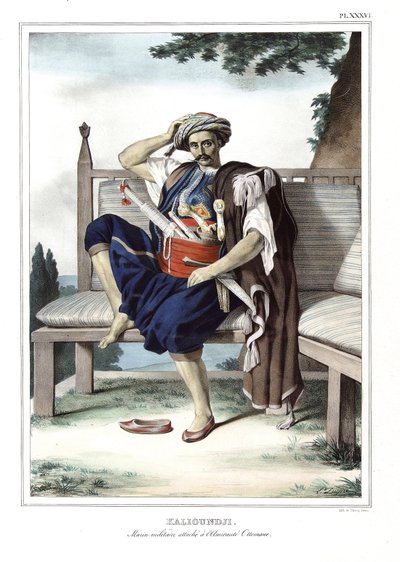 Kalioundji, marinero militar adjunto al Almirantazgo Otomano. en “Viaje a Atenas y Constantinopla, o colección de retratos griegos y otomanos, vistas y trajes, pintados en lugares después de la naturaleza, litografiados y coloreados por Louis Dupre (1789-1 de Louis Dupré