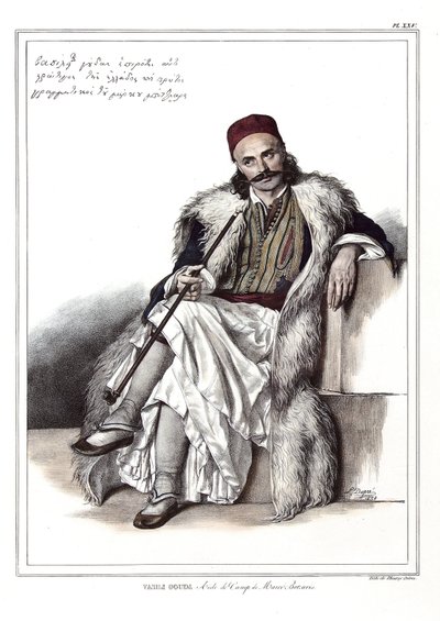 Vasili Gouda, ayudante de campo de Marc Botzaris (1788-1823). en “Viaje a Atenas y Constantinopla, o colección de retratos griegos y otomanos, vistas y trajes, pintados en lugares después de la naturaleza, litografiados y coloreados por Louis Dupre (1789-1 de Louis Dupré
