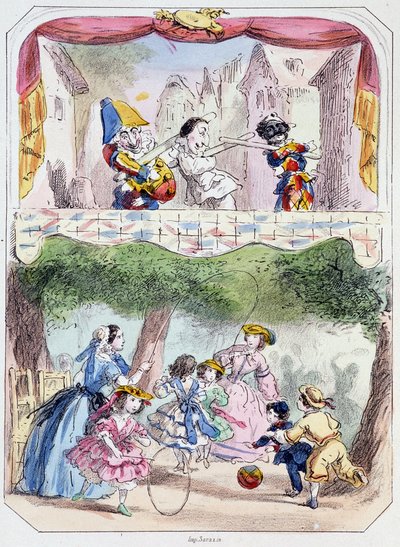 Polichinelle precepteur - Litografía, de Theatre des marionnettes du jardin des Tuileries, texto y dibujo de Louis Edmond Duranty (1833-1880), París de Louis Edmond Duranty