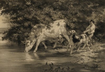 Niño con vaca y ternero junto al río de Louis Emmanuel Soulange Tessier