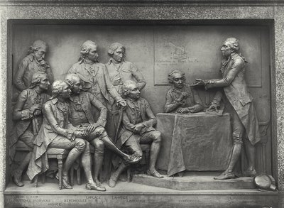 Antoine Laurent Lavoisier (1743-94) explicando su análisis del aire a sus colegas de Louis Ernest Barrias
