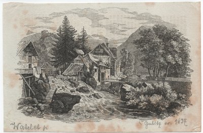 Pueblo de montaña en la confluencia de dos arroyos de Louis Etienne Watelet