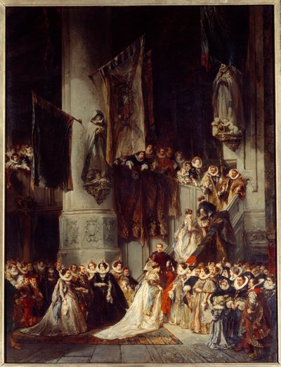 Una ceremonia en la iglesia de Delft. Pintura que representa una boda en Holanda en el siglo XVI de Louis Eugene Gabriel Isabey