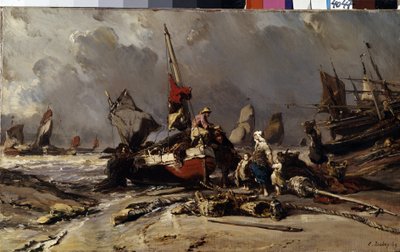 ""After the storm"" (Después de la tormenta) Un pescador encuentra a su familia después de la tormenta. Pintura de Louis Gabriel Eugene Isabey (1803-1886) 1869 Dim. 36,5x60 cm Museo del Hermitage, San Petersburgo de Louis Eugene Gabriel Isabey