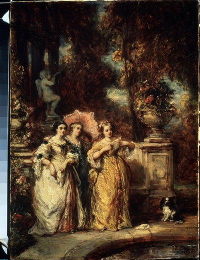""La promenade"" (El paseo) Tres chicas jóvenes de buena familia en un parque. Pintura de Louis Gabriel Eugene Isabey (1803-1886) 1852 Museo Pushkin, Moscú de Louis Eugene Gabriel Isabey