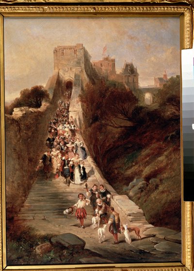 ""Leaving the castle"" (Saliendo del castillo) Un grupo de caballeros y damas del siglo XVII bajando la gran escalera de entrada de un castillo. Pintura de Louis Gabriel Eugene Isabey (1803-1886) Museo Pushkin del siglo XIX, Moscú de Louis Eugene Gabriel Isabey
