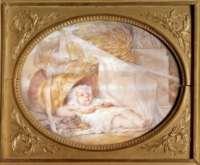 Retrato del Rey de Roma bebé en el casco de Marte Napoleón II, Duque de Reichstadt, hijo del emperador Napoleón I recién nacido. Piedra negra y papel de lava beige por Eugene Isabey marzo 1811 Dim. 0,21x0,26 m Malmaison, museo de de Louis Eugene Gabriel Isabey