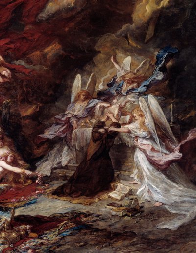 La tentación de San Antonio. El ermitaño San Antonio el Grande (251-356) (o San Antonio el Ermitaño o San Antonio el Abad) es sometido a las tentaciones del Diablo en el desierto. Detalle que representa al santo de Louis Eugene Gabriel Isabey