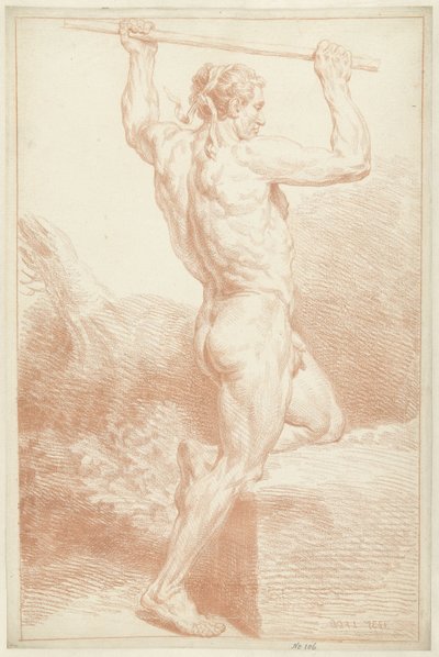 Estudio de un hombre desnudo, sobre una rodilla, sosteniendo un bastón sobre su cabeza de Louis Fabritius Dubourg