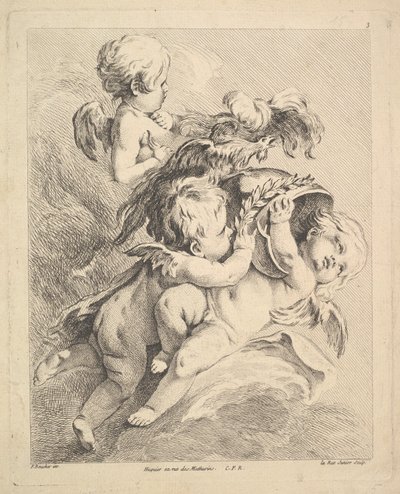 Tres cupidos sosteniendo un casco de Louis Felix de la Rue
