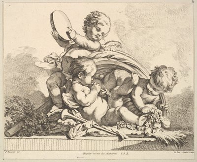 Tres cupidos, dos tocando música, uno sosteniendo hojas de palma de Louis Felix de la Rue