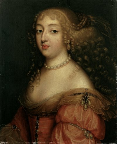 Retrato de una dama, se dice que es Laura Mancini, duquesa de Mercoeur, busto, con un vestido rojo, un collar de perlas y pendientes de Louis Ferdinand Elle