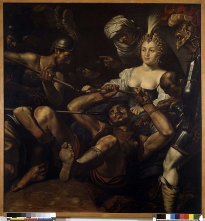 Sansón y Dalila: Sansón pierde fuerza mientras Dalila le corta el cabello de Louis Finsonius or Finson