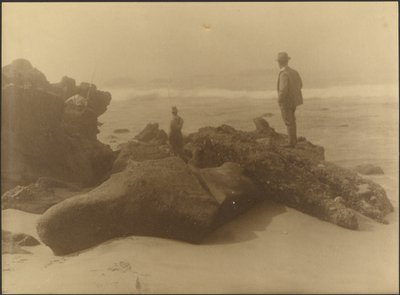 [Tres hombres pescando desde las rocas de la playa] de Louis Fleckenstein
