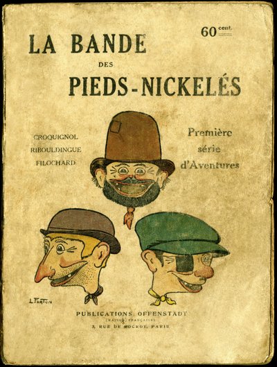 Ilustración de portada para "la banda de los pies de níquel, primera serie de aventuras", dibujo de Louis Forton (1879-1934), publicación Offenstadt de Louis Forton