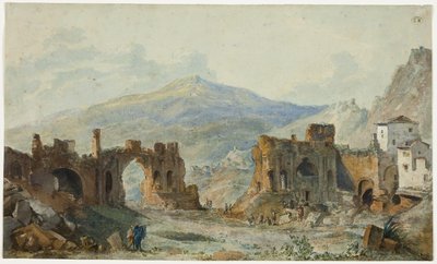 El antiguo teatro de Taormina con vistas al Etna, estudio para el Voyage Pittoresque de Naples et de Sicile de Saint Non. de Louis Francois Cassas