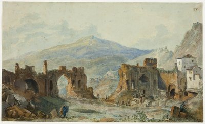 El antiguo teatro de Taormina con vistas al Etna, estudio para el Voyage Pittoresque de Naples et de Sicile de Saint Non. de Louis Francois Cassas