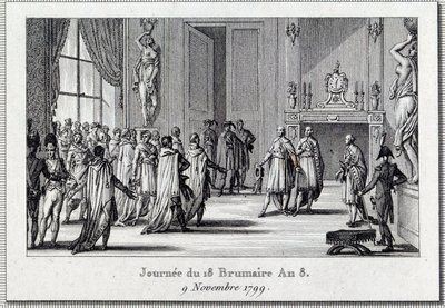 Consulado: "Napoleón Bonaparte (1769-1821) en la reunión de Saint Cloud el 18 brumario (9/11/1799)" El Golpe de Estado del 18 brumario por Napoleón Bonaparte en el Consejo de los Quinientos (sala de 500), protegido por granaderos, termina el D de Louis Francois Couche