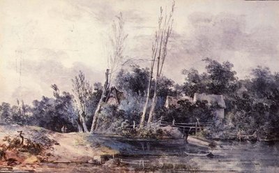 Cabañas y sauce junto a un arroyo con figuras de Louis Gabriel Moreau