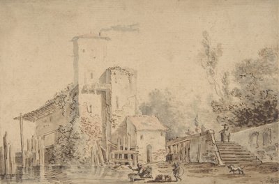 Casa de campo junto a un río con figuras, 1765 de Louis Gabriel Moreau