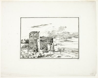 Edificios en ruinas cerca de la orilla de un río, lámina 9 de Quatrieme suite de paysages dessinés et grave a l