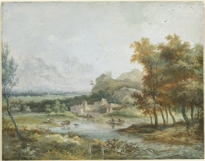 Paisaje italiano con fiesta en bote de Louis Gabriel Moreau the Elder