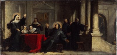Santa Escolástica obtiene lluvia y truenos del cielo para impedir que San Benito la abandone. Boceto para el cuadro del refectorio de la abadía de Saint-Martin-des-Champs, hacia 1706 (óleo sobre lienzo). de Louis Galloche