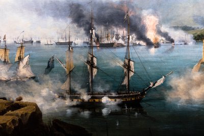 La batalla de Navarin; vista desde el extremo sur de la isla de Sphacteria de Louis Garneray