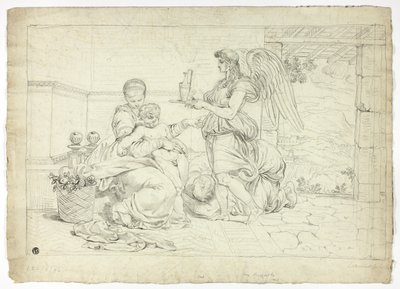 Sagrada Familia con ángel y aguamanil (anverso); mitad derecha del boceto para luneta (reverso) de Louis Gauffier
