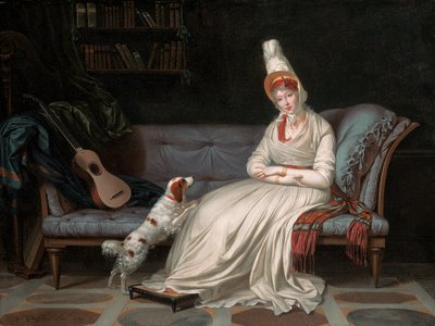 Retrato de Elizabeth, Lady Webster, luego Lady Holland, en un vestido blanco con su spaniel Pierrot, c.1795 de Louis Gauffier