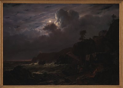 Vista de Kullen en Suecia. Contrabandistas escondiendo sus bienes entre las rocas. Luz de luna de Louis Gurlitt
