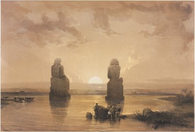 Egipto y Nubia, Volumen II: Estatuas de Memnón en Tebas, durante la inundación, 1848 de Louis Haghe