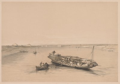 Egipto y Nubia: Volumen I - No. 4, Barcos de esclavos en el Nilo, Vista hacia las Pirámides de Dashour y Saccara de Louis Haghe