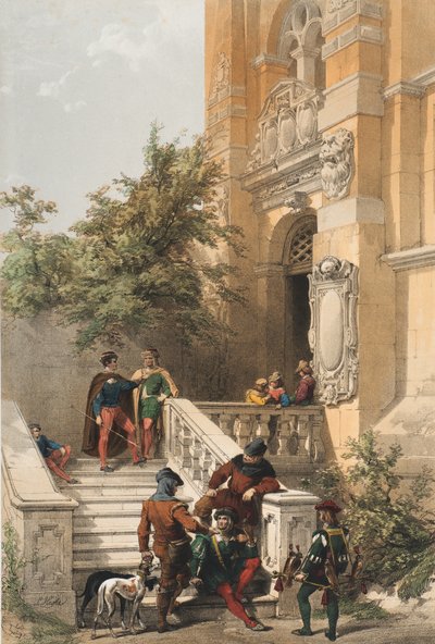 Heidelberg (sirvientes y cortesanos en el pórtico de mármol de un castillo), 1850 de Louis Haghe