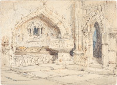Interior de una Iglesia con una Tumba en la Pared y una Pila Bautismal Medieval de Louis Haghe