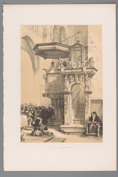 Sacerdote se dirige a una multitud desde el púlpito en la Catedral de Trier La chaire de la Cathédrale de Trèves (título sobre el objeto) de Louis Haghe