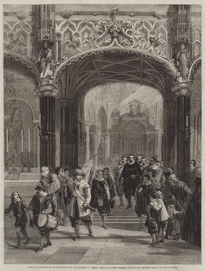 La Corporación de Arqueros saliendo de la Iglesia de Lierre, Bélgica, después de escuchar misa en el Día de San Jorge de Louis Haghe