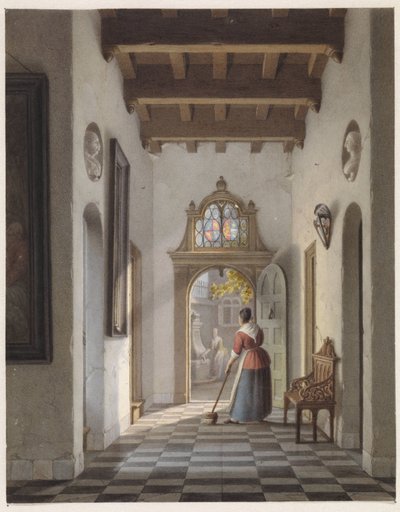 Chica barriendo el pasillo de una casa de Louis Henri de Fontenay