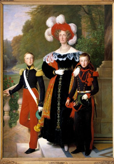 Reina Marie-Amelie y dos de sus hijos, el Duque de Aumale en uniforme de soldado de infantería ligera y el Duque de Montpensier en uniforme de artillero, frente a una vista del parque del castillo de Neuilly circa 1833 de Louis Hersent